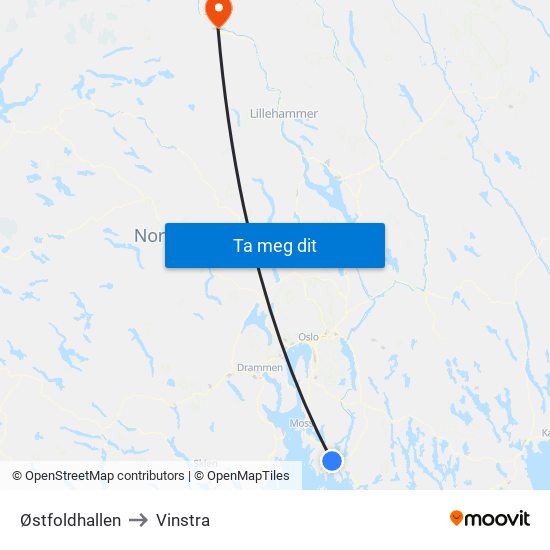 Østfoldhallen to Vinstra map