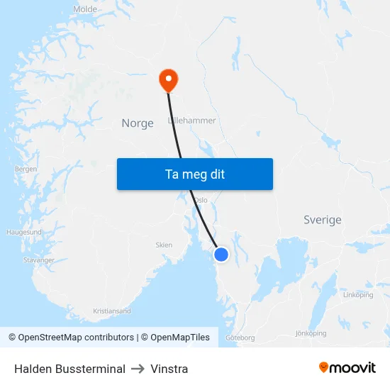 Halden Bussterminal to Vinstra map