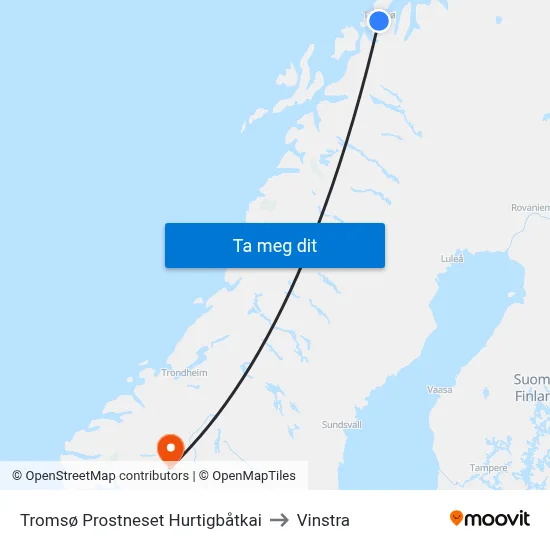 Tromsø Prostneset Hurtigbåtkai to Vinstra map