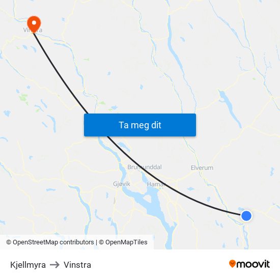 Kjellmyra to Vinstra map