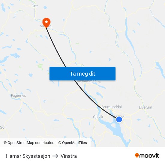 Hamar Skysstasjon to Vinstra map