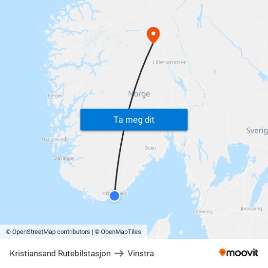 Kristiansand Rutebilstasjon to Vinstra map
