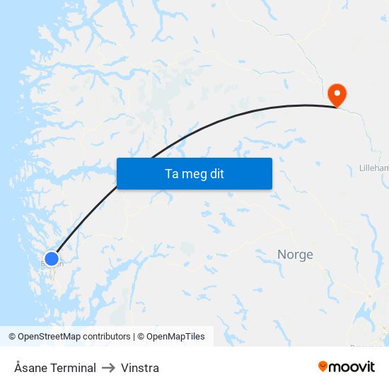 Åsane Terminal to Vinstra map