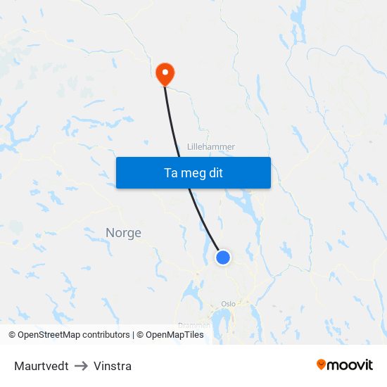 Maurtvedt to Vinstra map