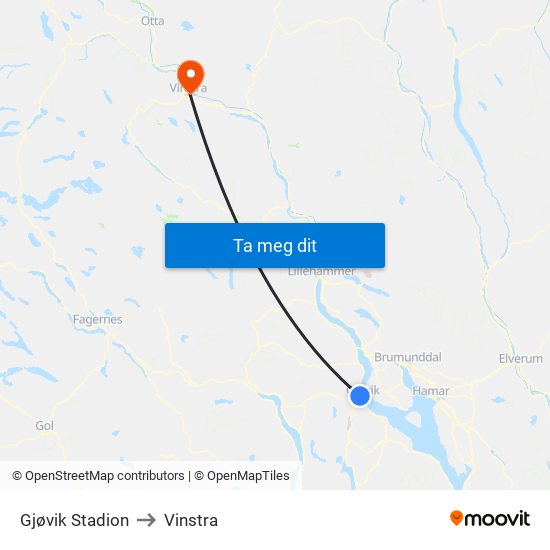 Gjøvik Stadion to Vinstra map