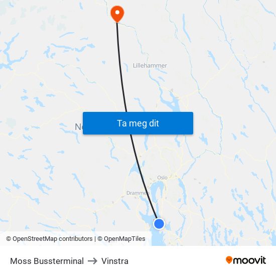 Moss Bussterminal to Vinstra map