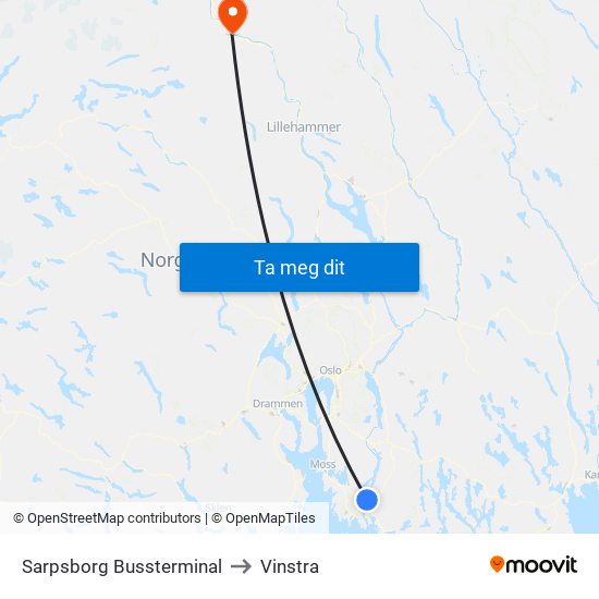 Sarpsborg Bussterminal to Vinstra map