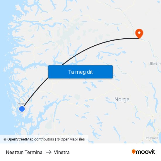 Nesttun Terminal to Vinstra map