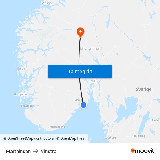 Marthinsen to Vinstra map