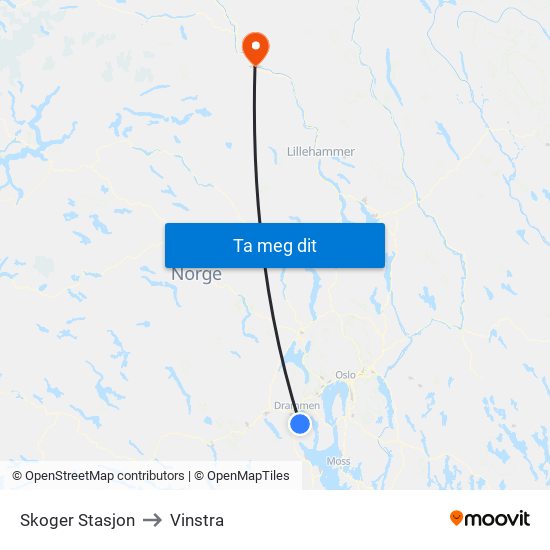 Skoger Stasjon to Vinstra map