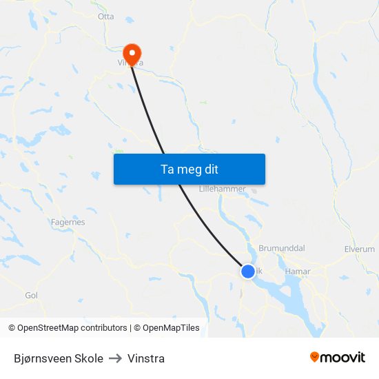 Bjørnsveen Skole to Vinstra map