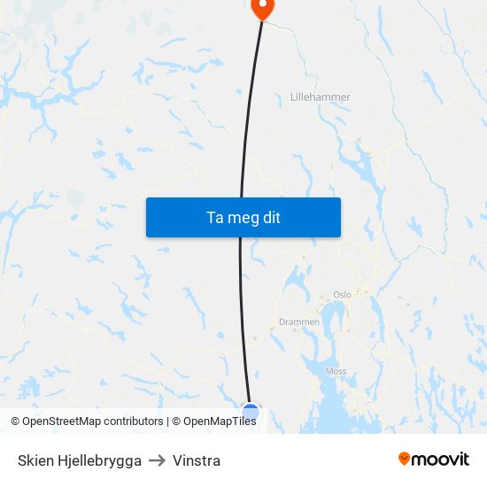 Skien Hjellebrygga to Vinstra map