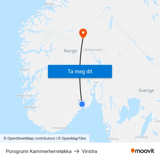 Porsgrunn Kammerherreløkka to Vinstra map