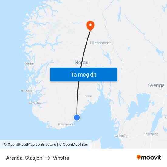 Arendal Stasjon to Vinstra map