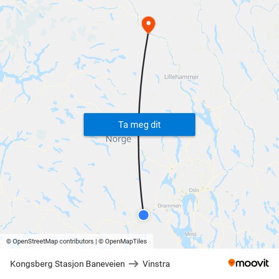 Kongsberg Stasjon Baneveien to Vinstra map