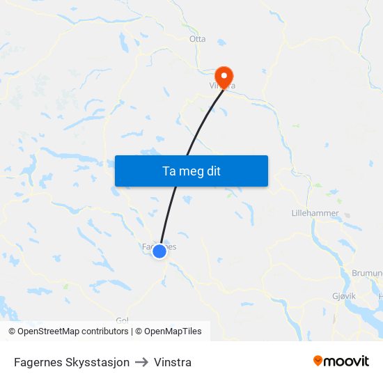 Fagernes Skysstasjon to Vinstra map