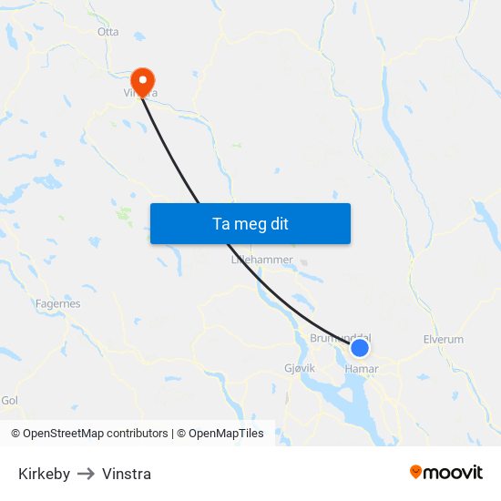 Kirkeby to Vinstra map