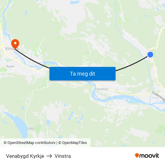 Venabygd Kyrkje to Vinstra map