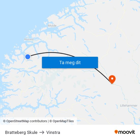 Bratteberg Skule to Vinstra map