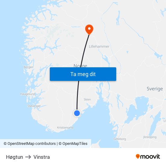 Høgtun to Vinstra map