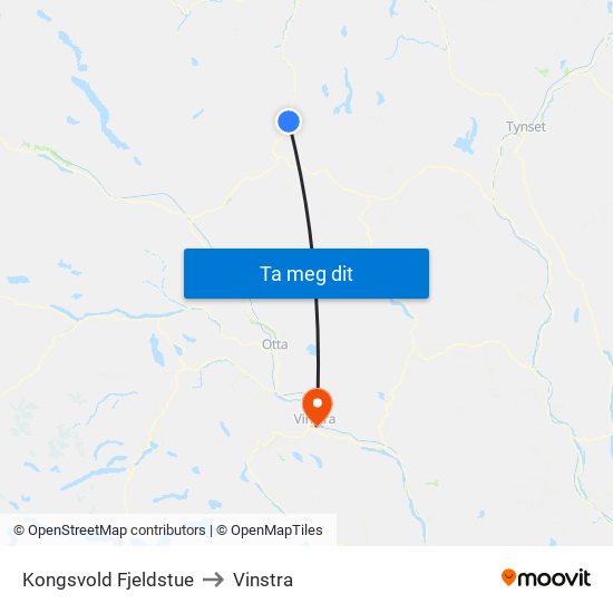 Kongsvold Fjeldstue to Vinstra map