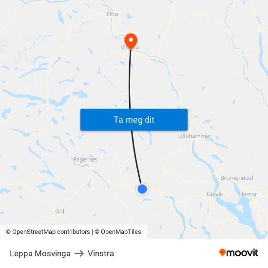 Leppa Mosvinga to Vinstra map