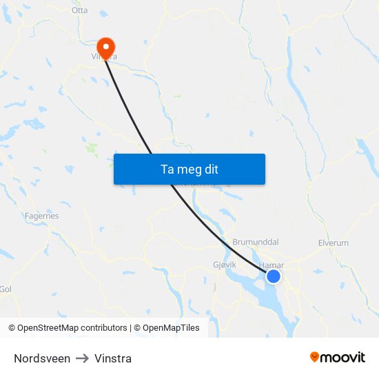 Nordsveen to Vinstra map