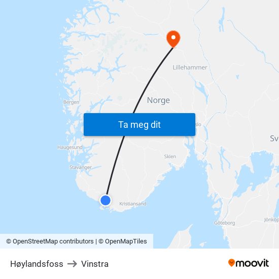 Høylandsfoss to Vinstra map