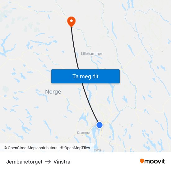 Jernbanetorget to Vinstra map
