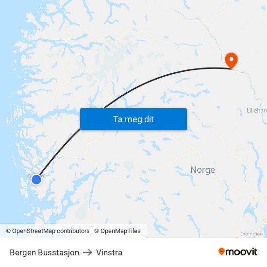 Bergen Busstasjon to Vinstra map