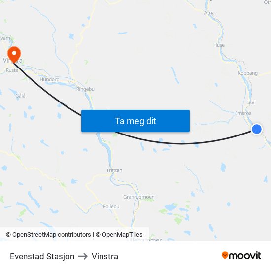 Evenstad Stasjon to Vinstra map