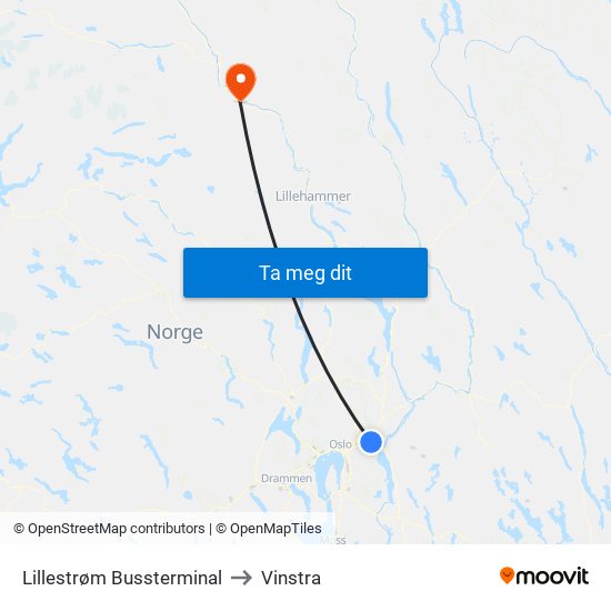 Lillestrøm Bussterminal to Vinstra map