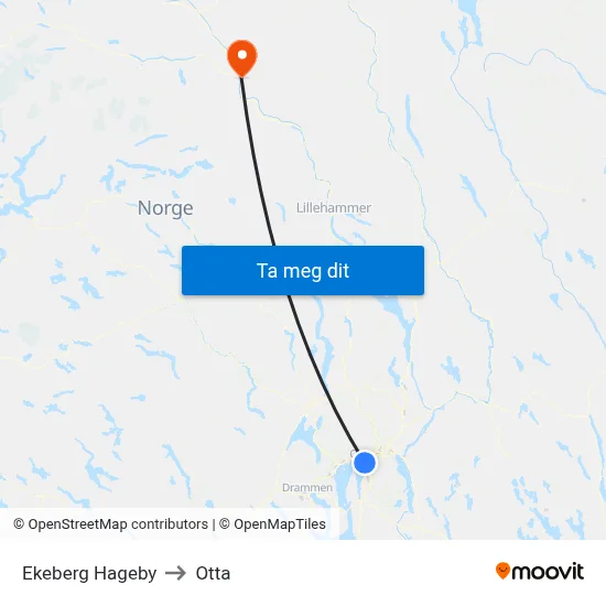 Ekeberg Hageby to Otta map