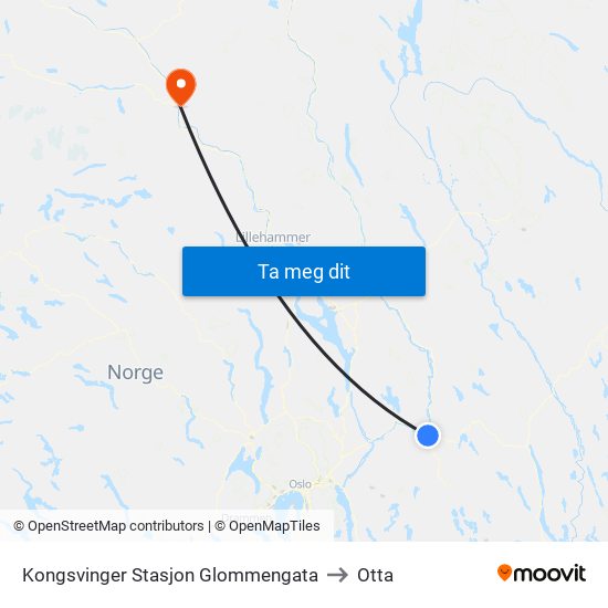 Kongsvinger Stasjon Glommengata to Otta map