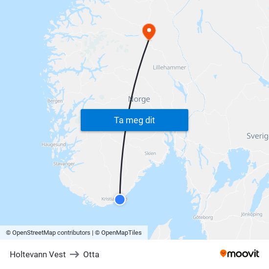 Holtevann Vest to Otta map