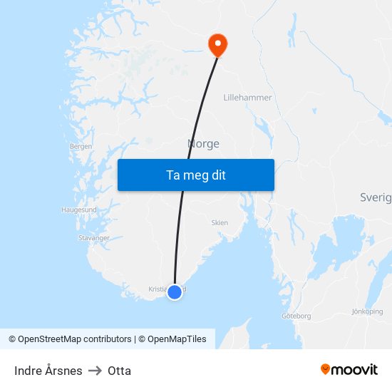 Indre Årsnes to Otta map