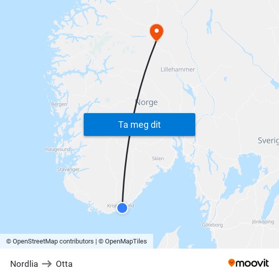 Nordlia to Otta map