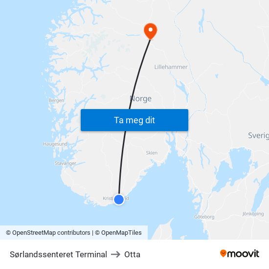 Sørlandssenteret Terminal to Otta map