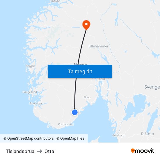 Tislandsbrua to Otta map