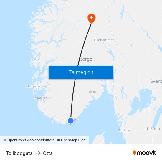 Tollbodgata to Otta map