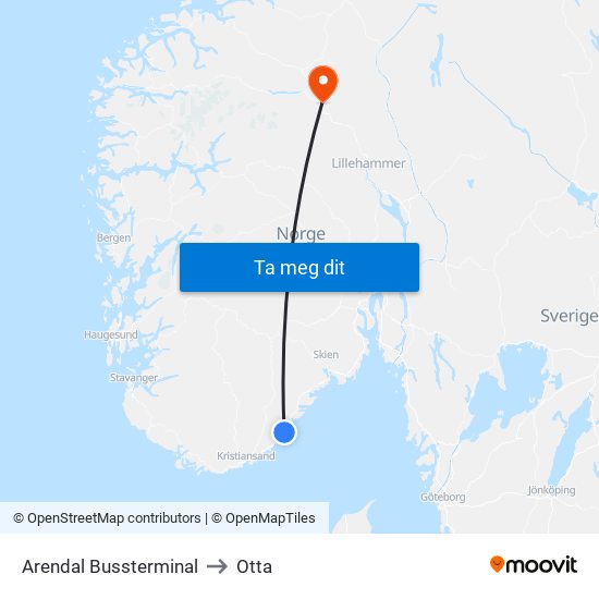 Arendal Bussterminal to Otta map