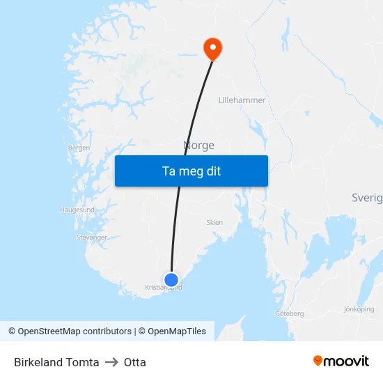 Birkeland Tomta to Otta map