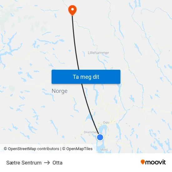 Sætre Sentrum to Otta map