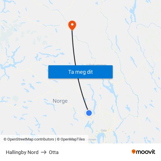 Hallingby Nord to Otta map