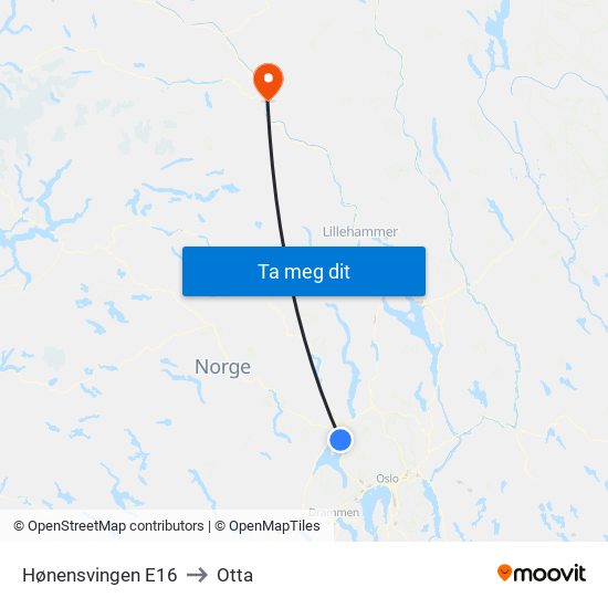 Hønensvingen E16 to Otta map