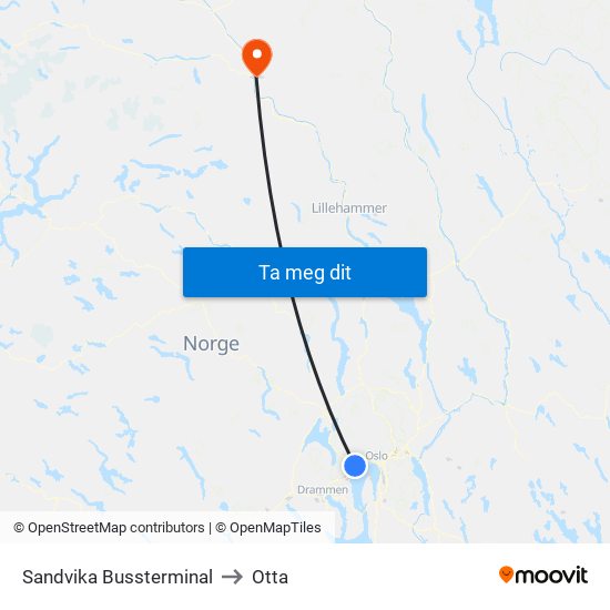 Sandvika Bussterminal to Otta map