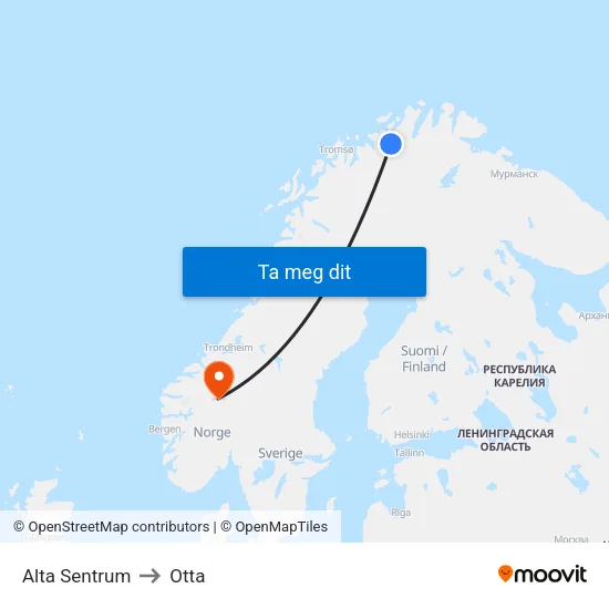Alta Sentrum to Otta map