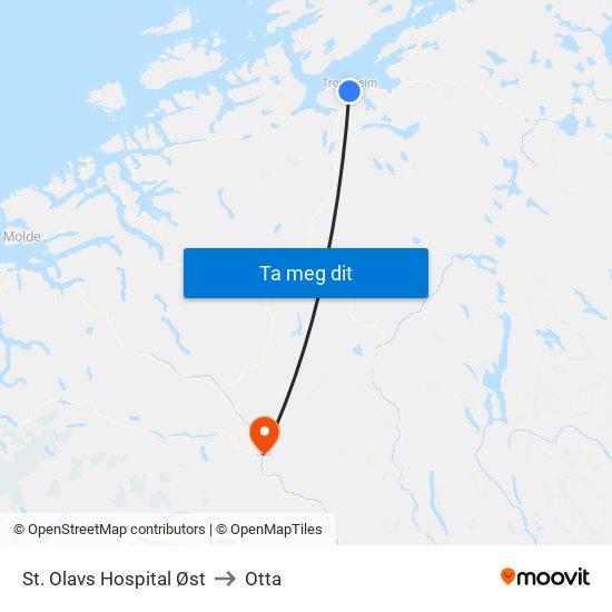 St. Olavs Hospital Øst to Otta map