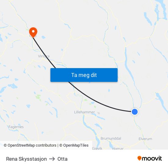 Rena Skysstasjon to Otta map