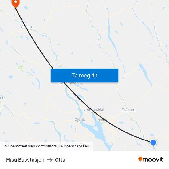 Flisa Busstasjon to Otta map